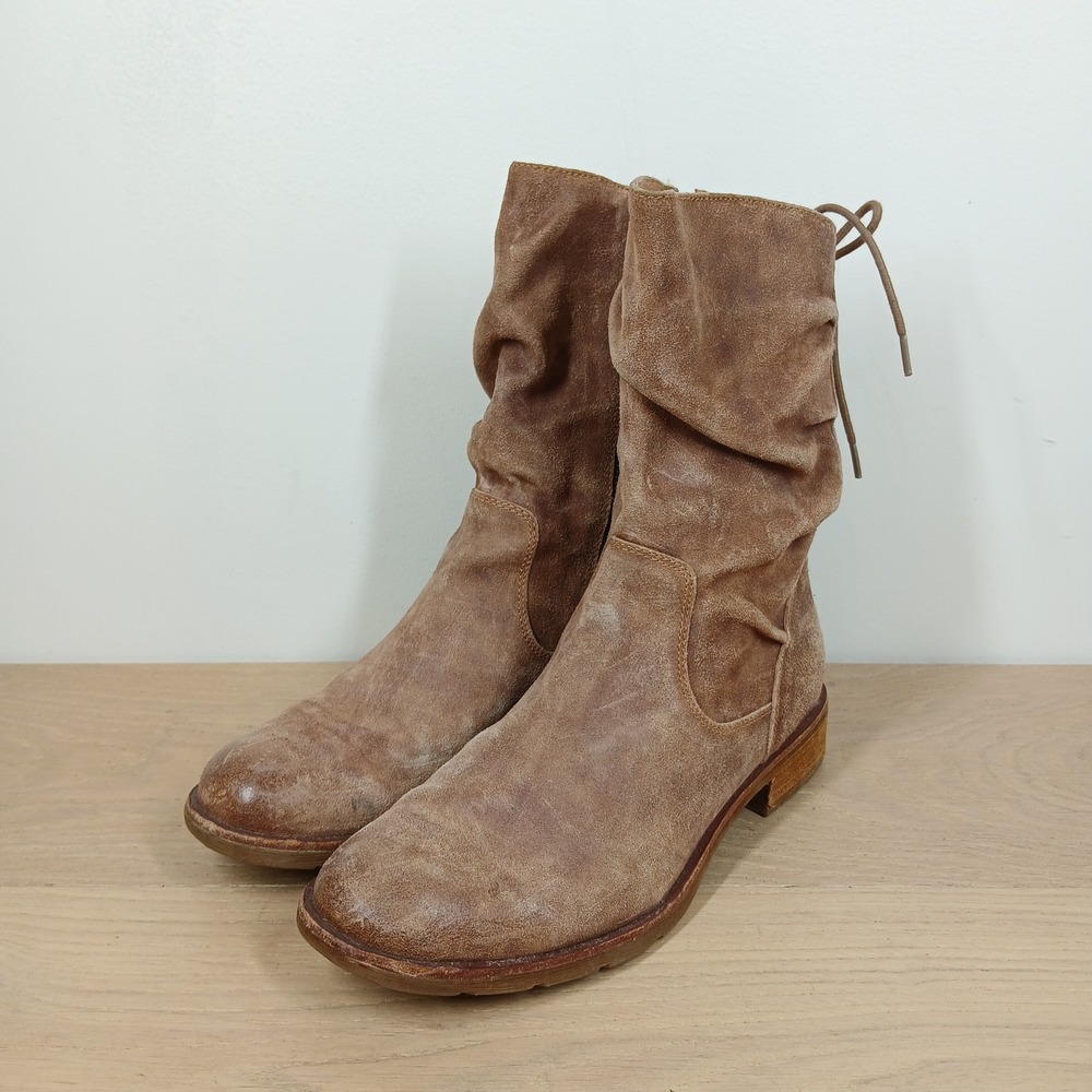 Sofft Slouch Boots Women 8.5 Brown Suede Lace Back Side Zip Distressed Mid Calf